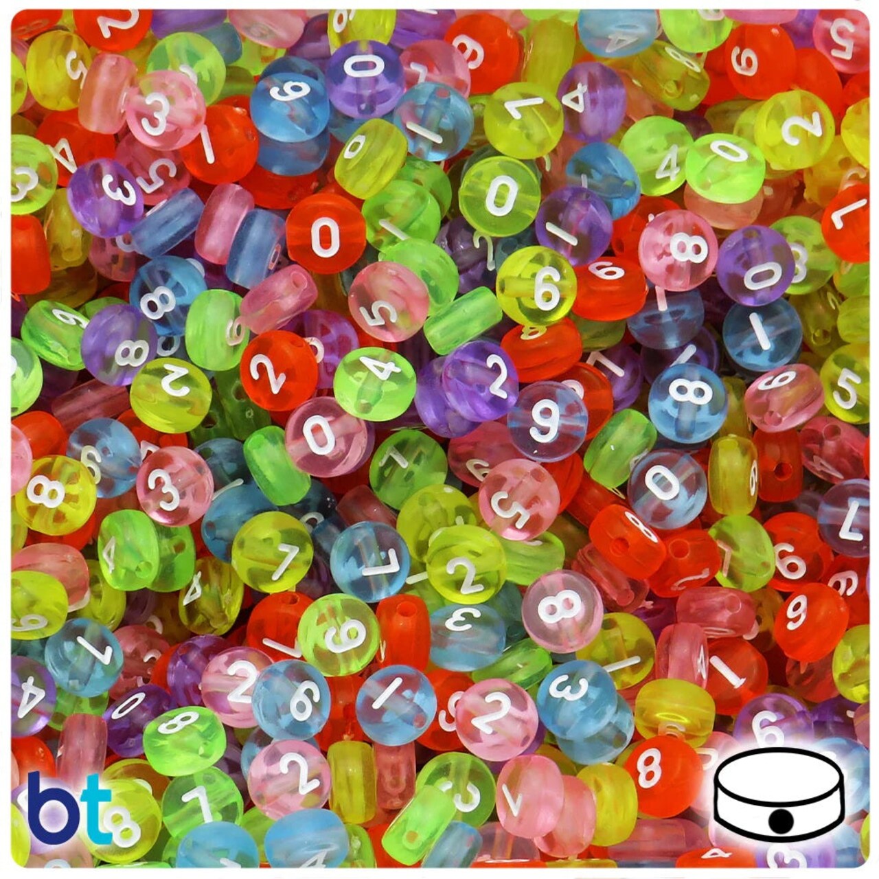 BeadTin Mixed Transparent 7mm Coin Plastic Alpha Beads - White Number Mix (250pcs)